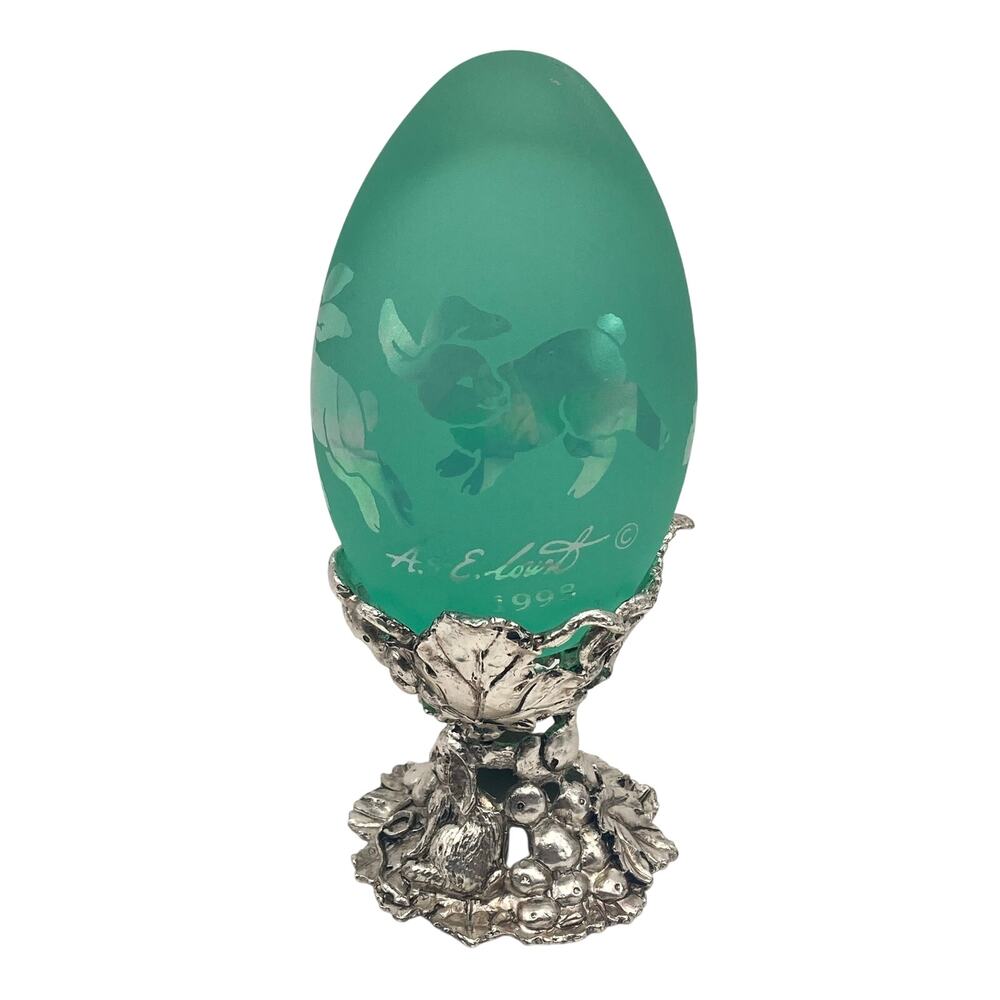 VTG Arthur Court 1998 Iridescent Bunny Green Egg Limited Edition w/ Stand Case
